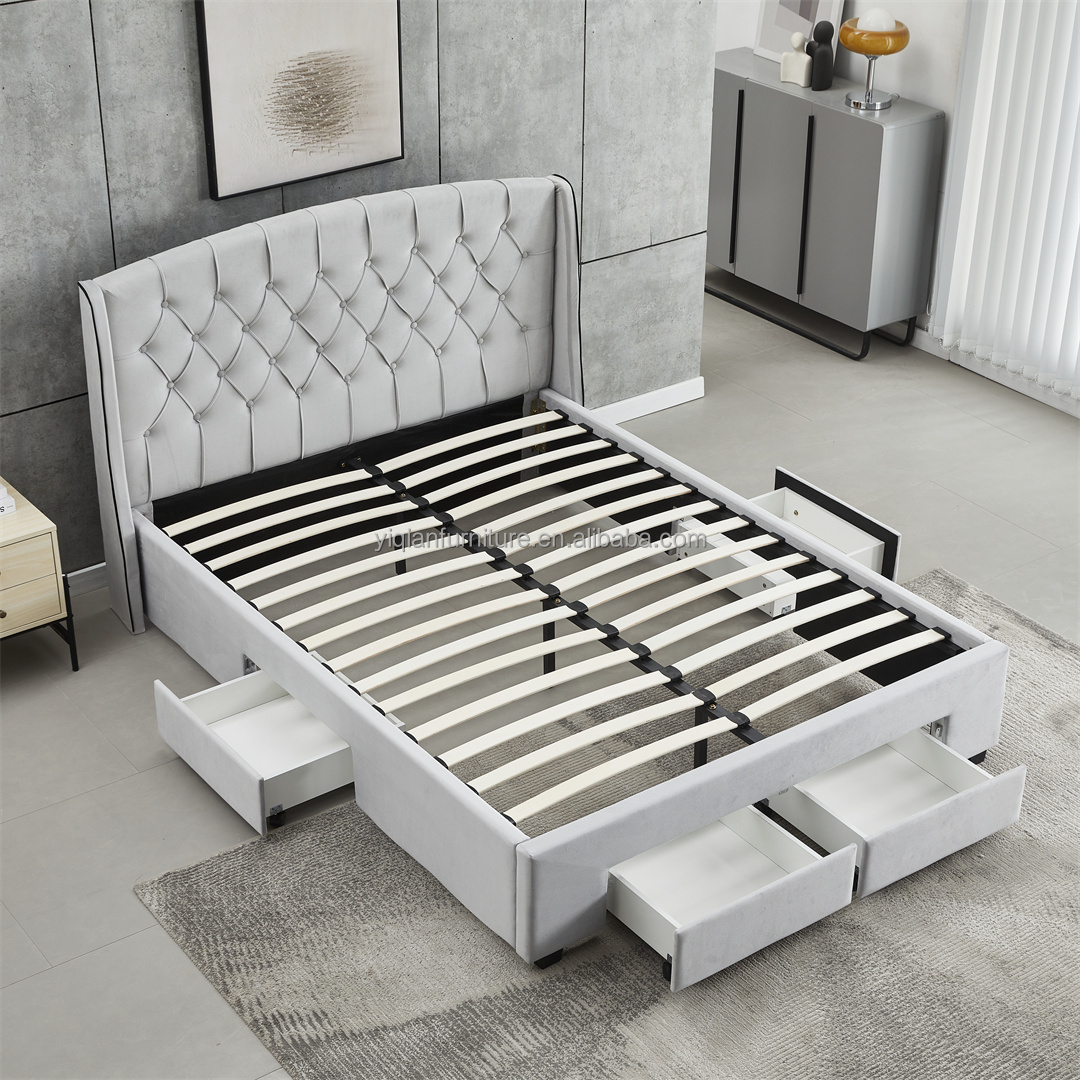 Affordable Tufted Upholstered Bed with Large Storage Drawers, Modern Bedroom Furniture Bed Frame