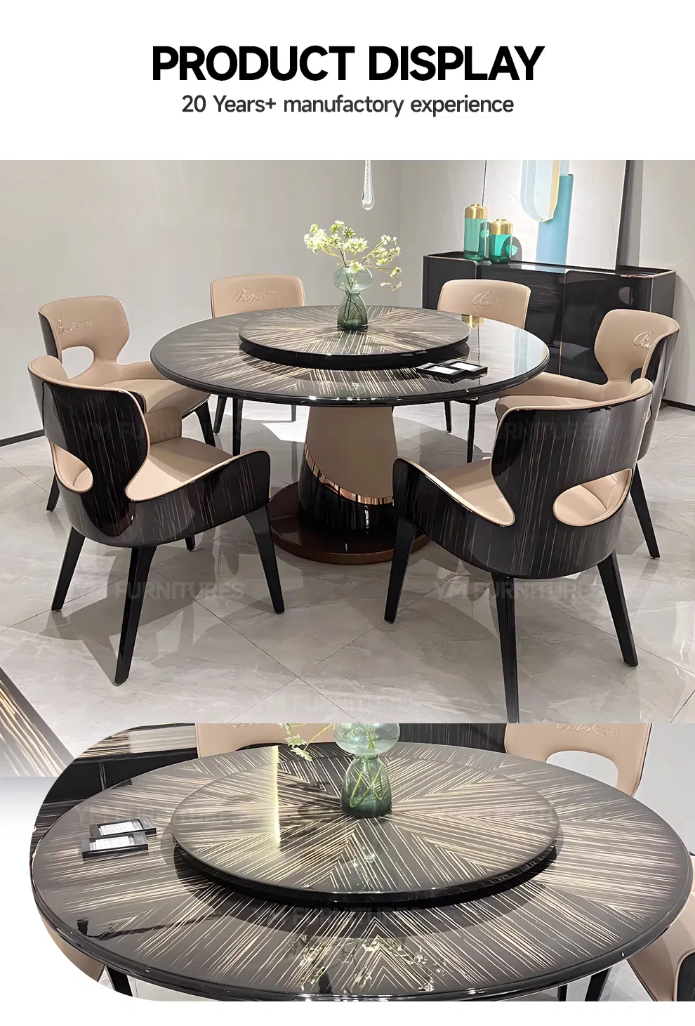 Dining Room Modern Furniture Round Wooden Lacquer Dining Table Set with Rotating Turntable