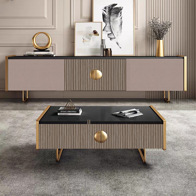 Elegant Wooden Living Room Furniture Set with Marble Accents