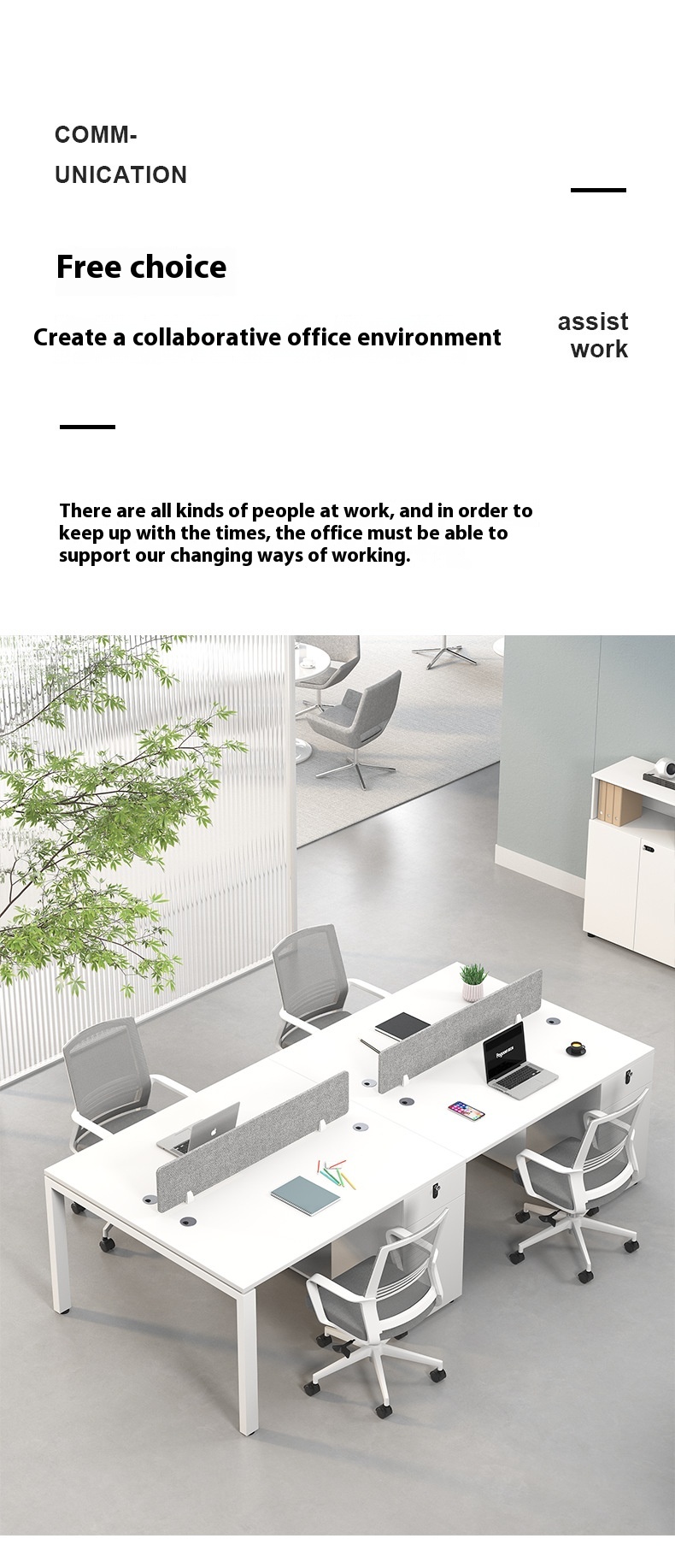 Simple Modern Home Office Furniture 4-Person Staff Desk and Chair Set with Modular Bamboo Screen Partition