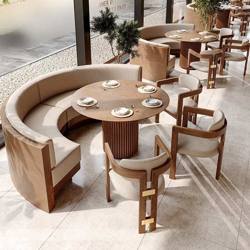 Nordic Cafe Furniture Solid Wood Durable Rattan Dining Table Set Fast Food Chair Western Banquette Restaurant Booth Seating Sofa