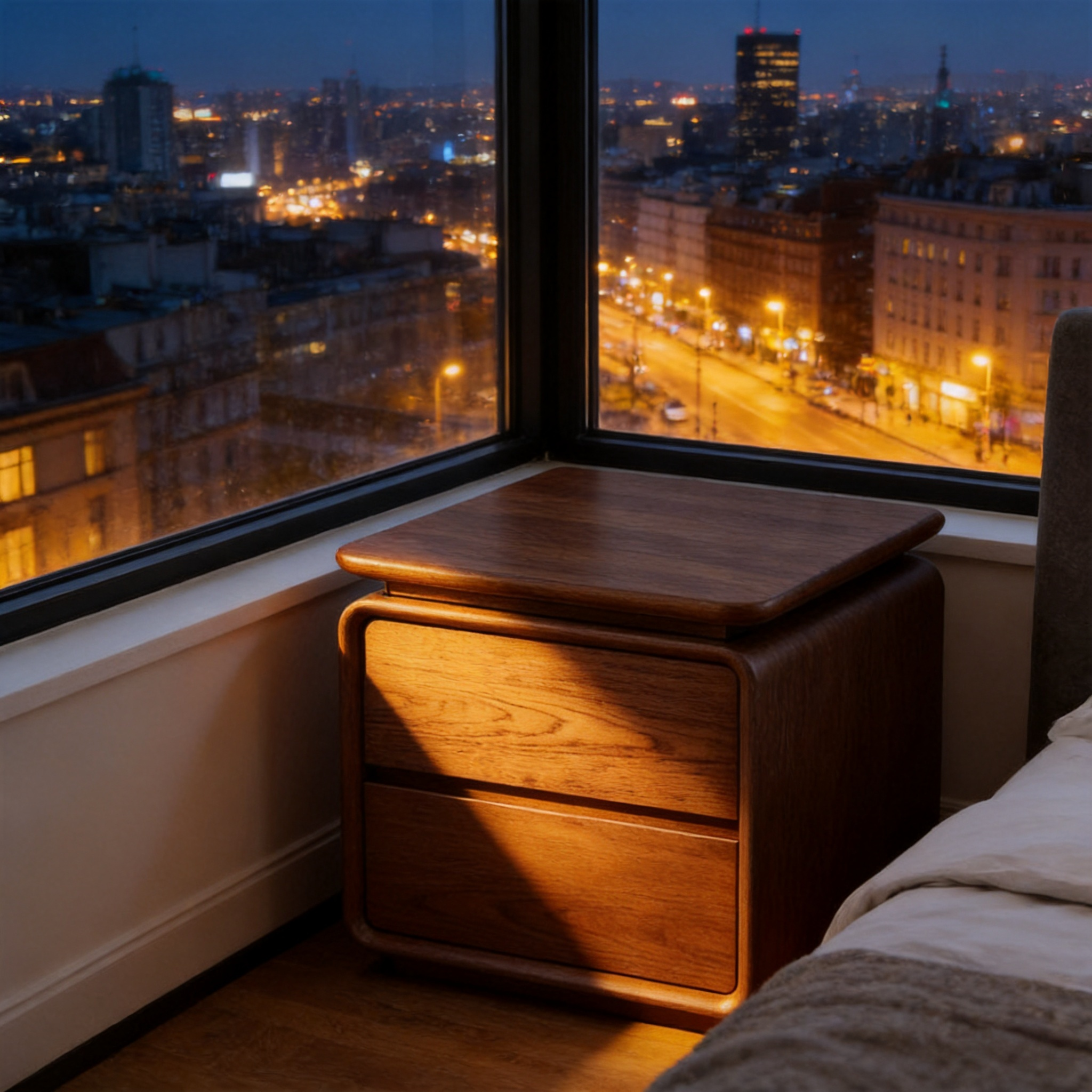 Retro Curved Edges All Solid Wood Bedside Table Natural Walnut Grain Mid-Century Modern Nightstand Large Capacity Storage