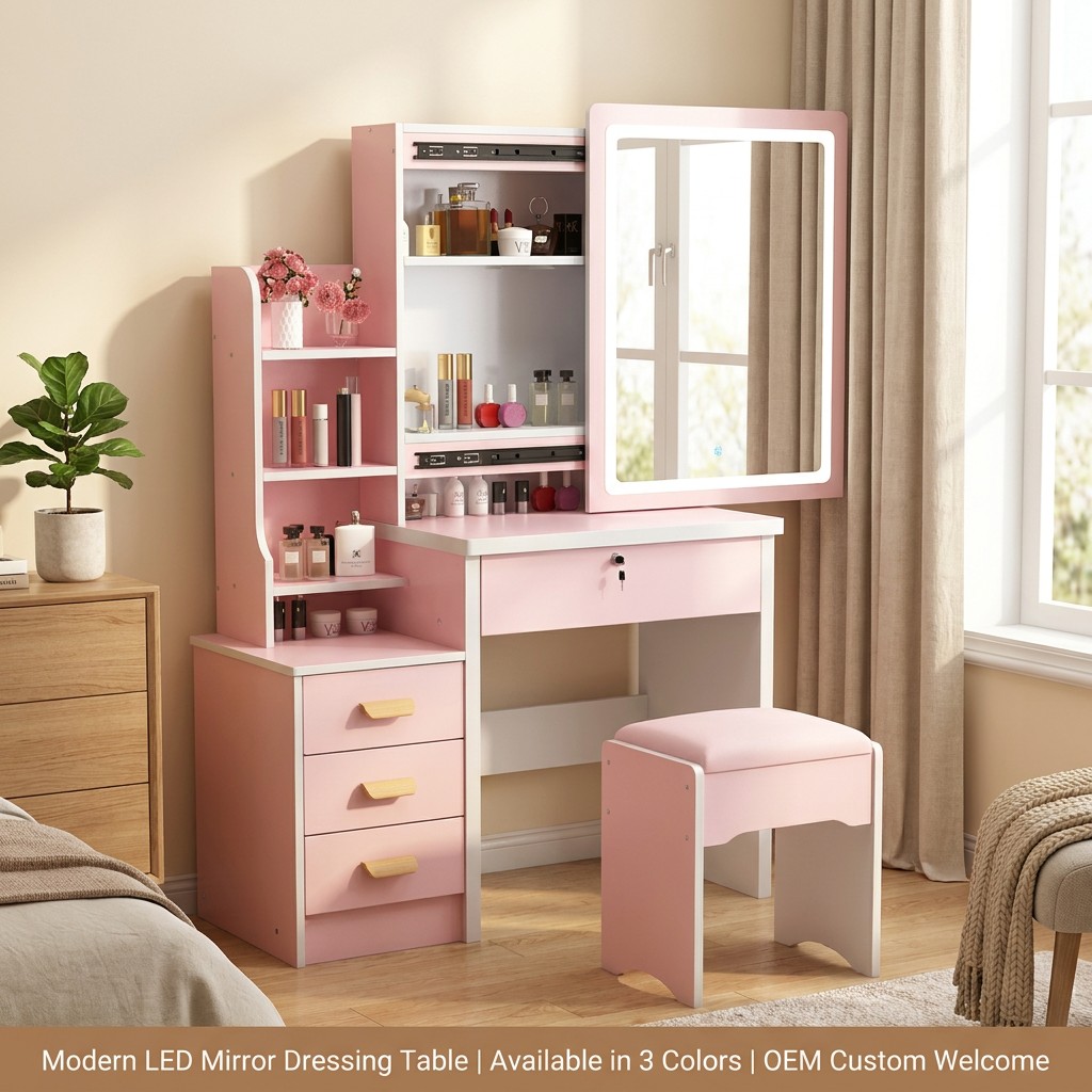 Wholesale Modern Design Electric LED Lighted Mirror Makeup Storage Cabinet Integrated Dressing Table For Small Spaces Bedroom