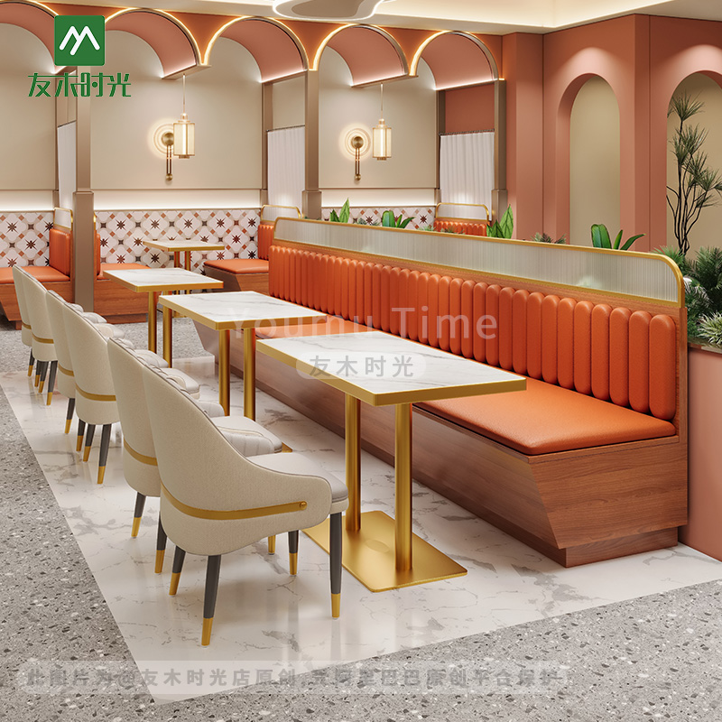 Light Luxury Commercial Restaurant Furniture Set Metal Dining Chairs Sintered Stone Dining Table and Booth Sofas for Cafe Hotel