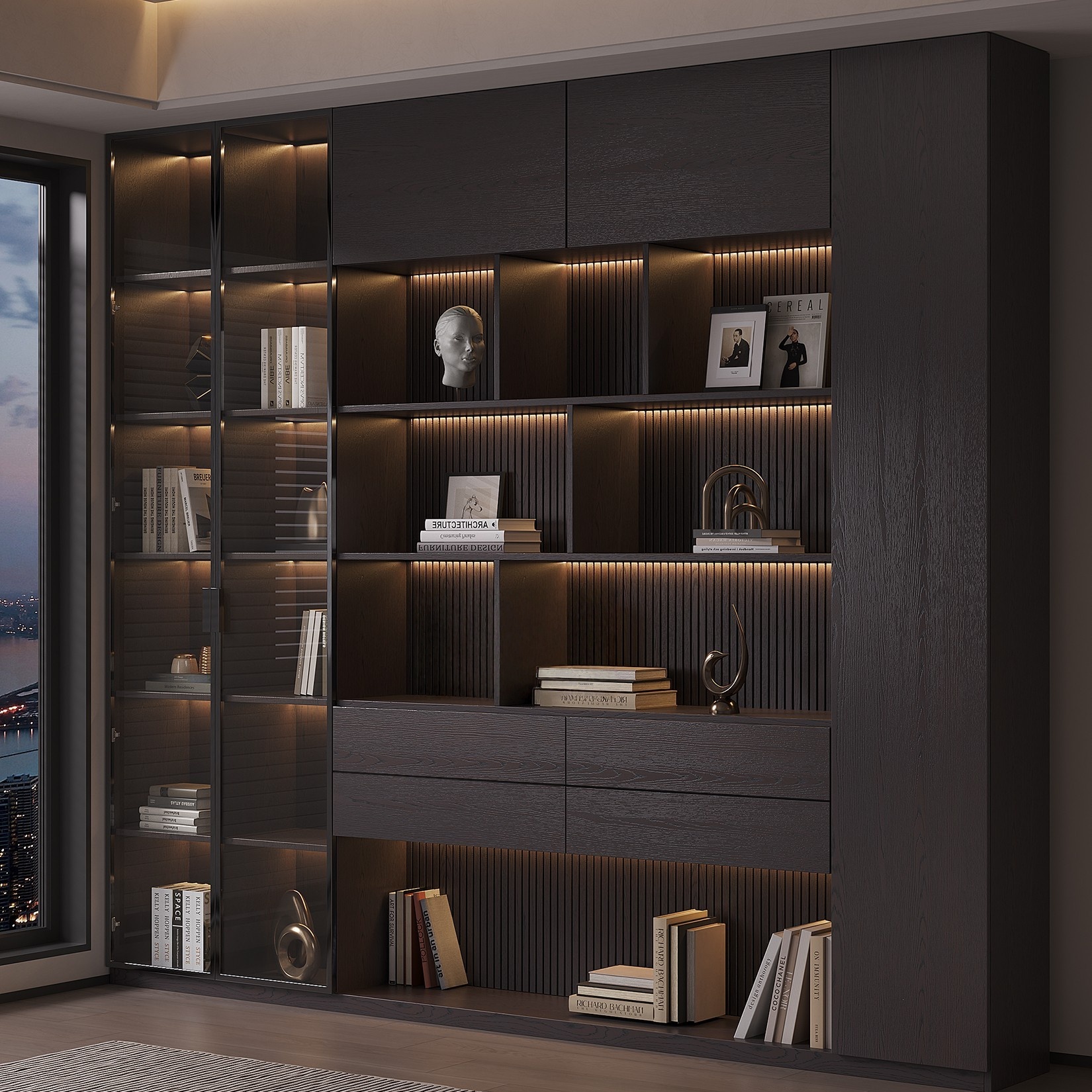 Factory Price Wood Modern Minimalist Living Room 6-Shelf Italian Style Customizable Wall-Mounted Bookshelf Display Cabinet