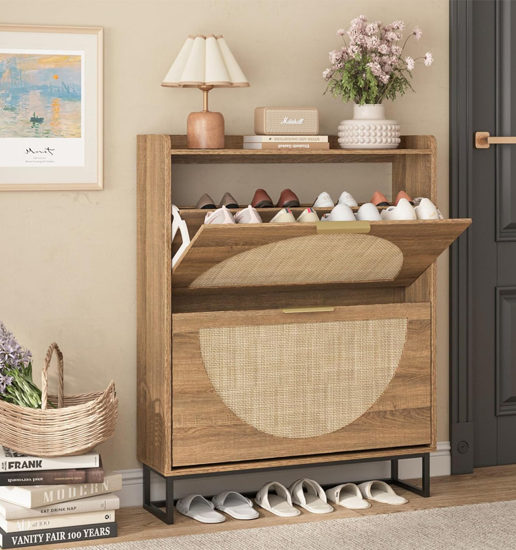 Natural Cane Wood Shoe Storage Cabinet Modern Entryway Flip Drawer Organizer Metal Base Hotel Use Eco-Friendly Space-Saving