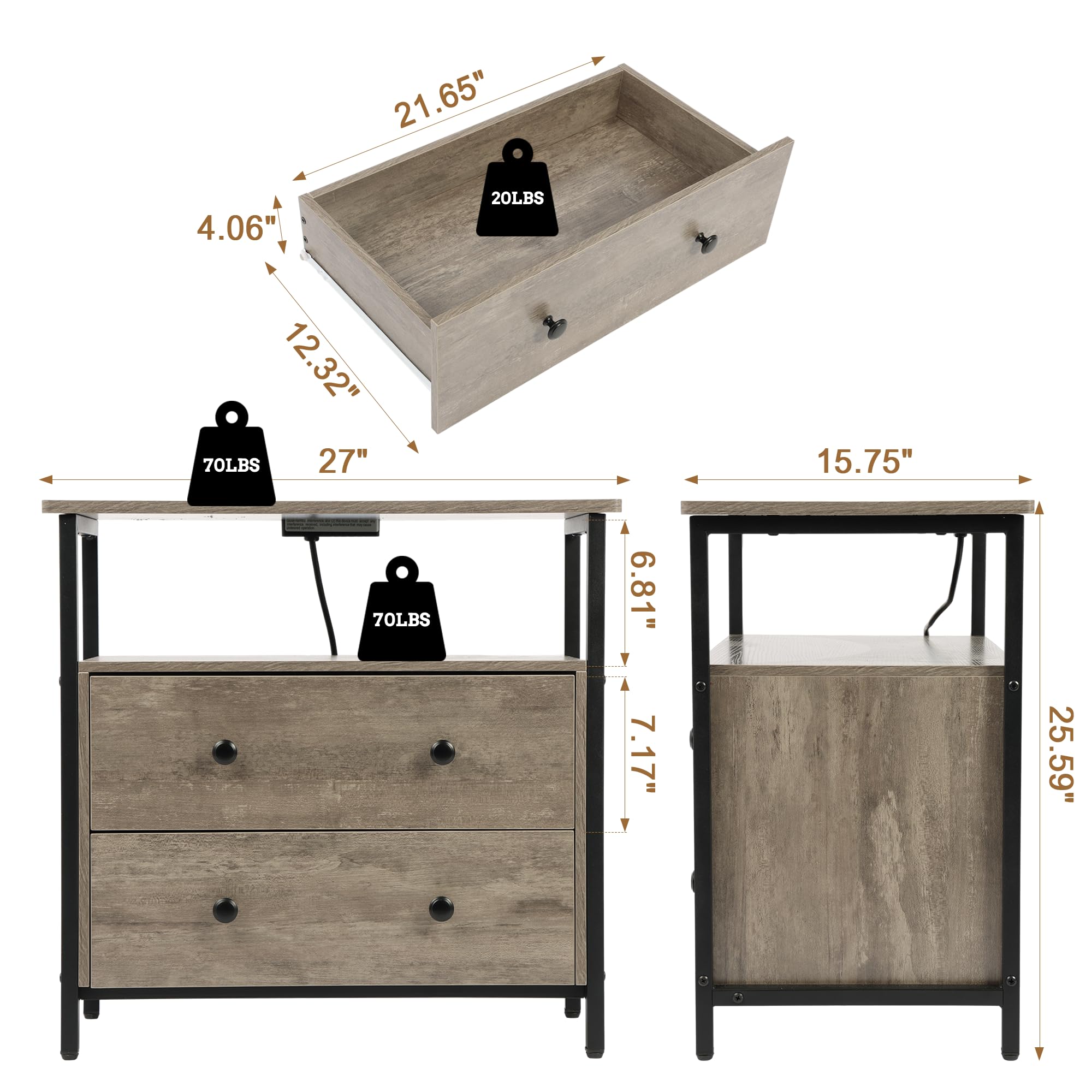 27 Inch Wide Nightstand with Charging Station Bedside Table with Open Shelf 2 Drawers Small Wood Dresser