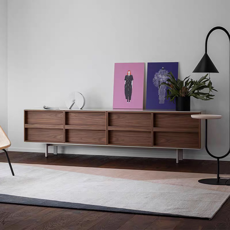Custom Size Italian Light Luxury Walnut TV Unit Hidden Sliding Drawer Wooden Entertainment Center Cabinet Metal Support Legs