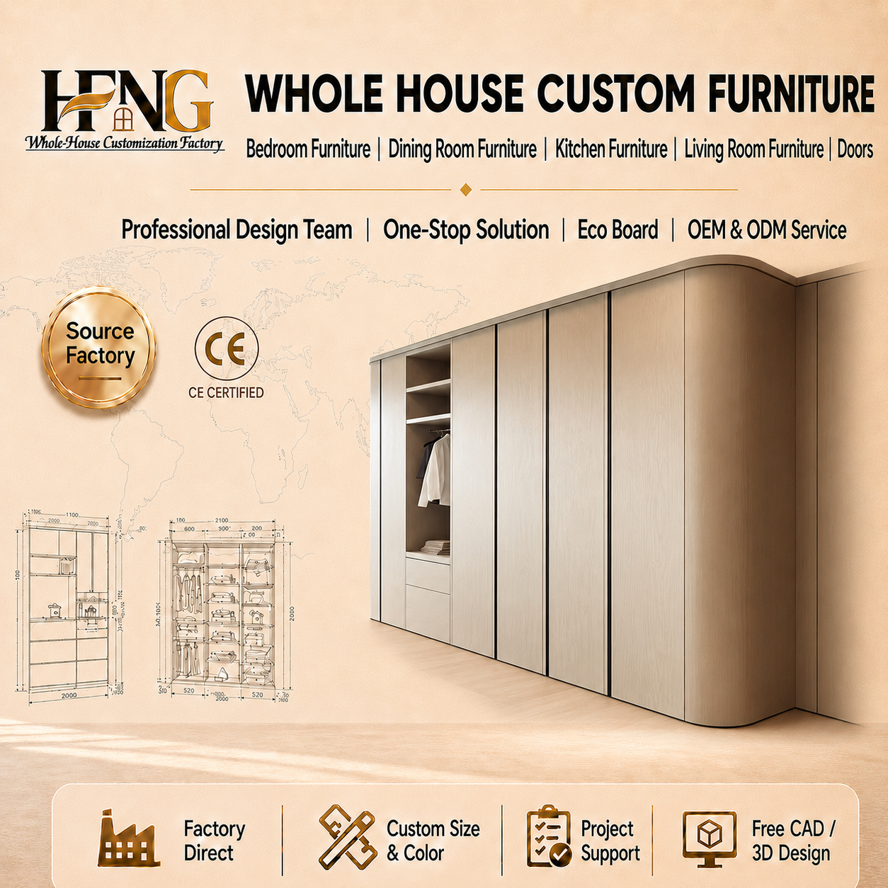 Home Luxury Custom Solid Wood Freestanding Adjustable Wardrobe with Door European Modern Style Durable Bedroom Wardrobe Cabinet