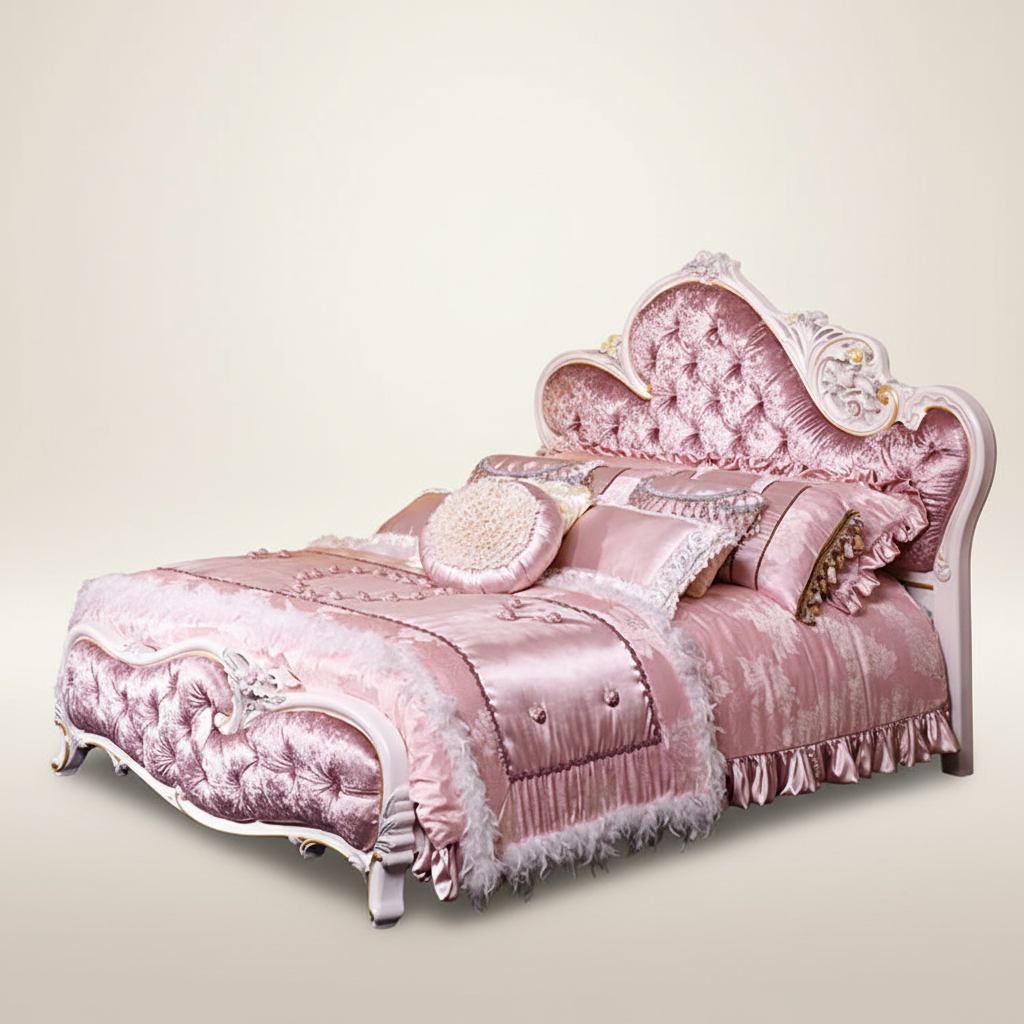 Antique Royal pink Bedroom Furniture Wooden Carving Bed Set Design Luxury king Size pink Princess Girls Velvet Fabric Bed