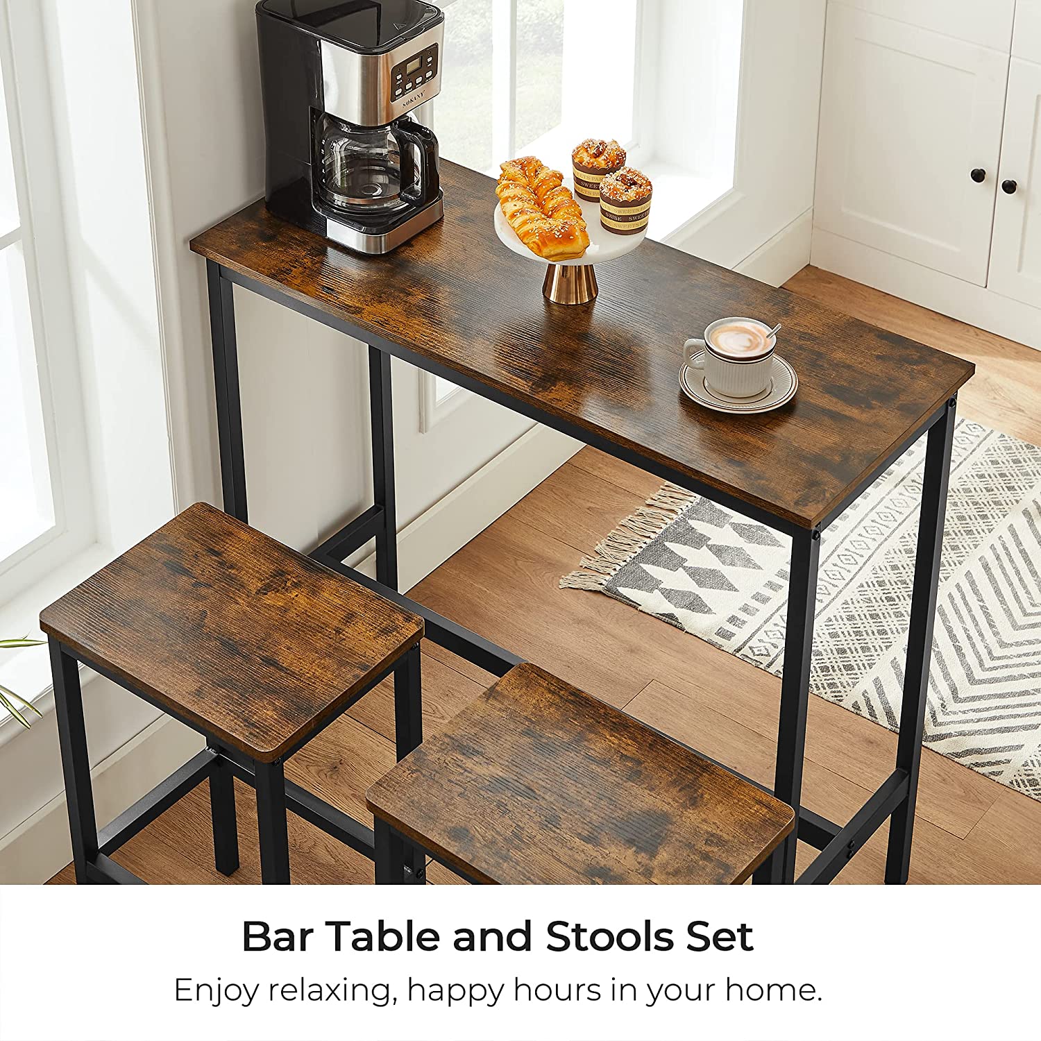 Industrial Dining Table Set Bar Table and Chairs Set Kitchen Bar Height Table with Stools Set of 2 Steel Frame