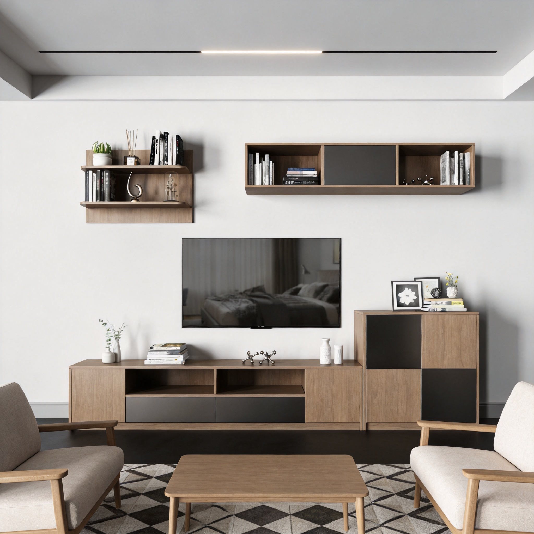 Modern Wood &amp; Black TV Stand with Floating Wall Shelves, Living Room Media Console &amp; Bookcase Set