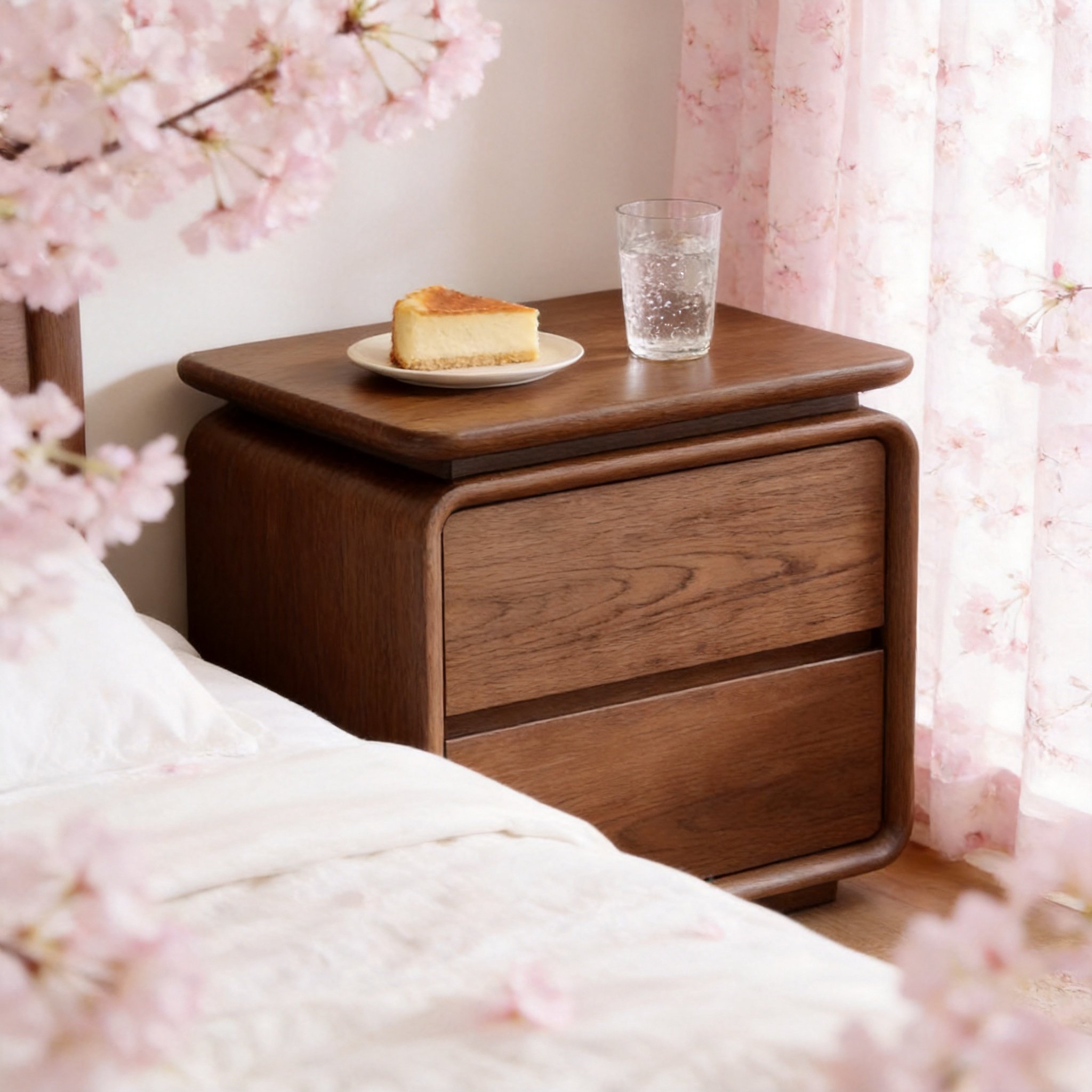 Retro Curved Edges All Solid Wood Bedside Table Natural Walnut Grain Mid-Century Modern Nightstand Large Capacity Storage