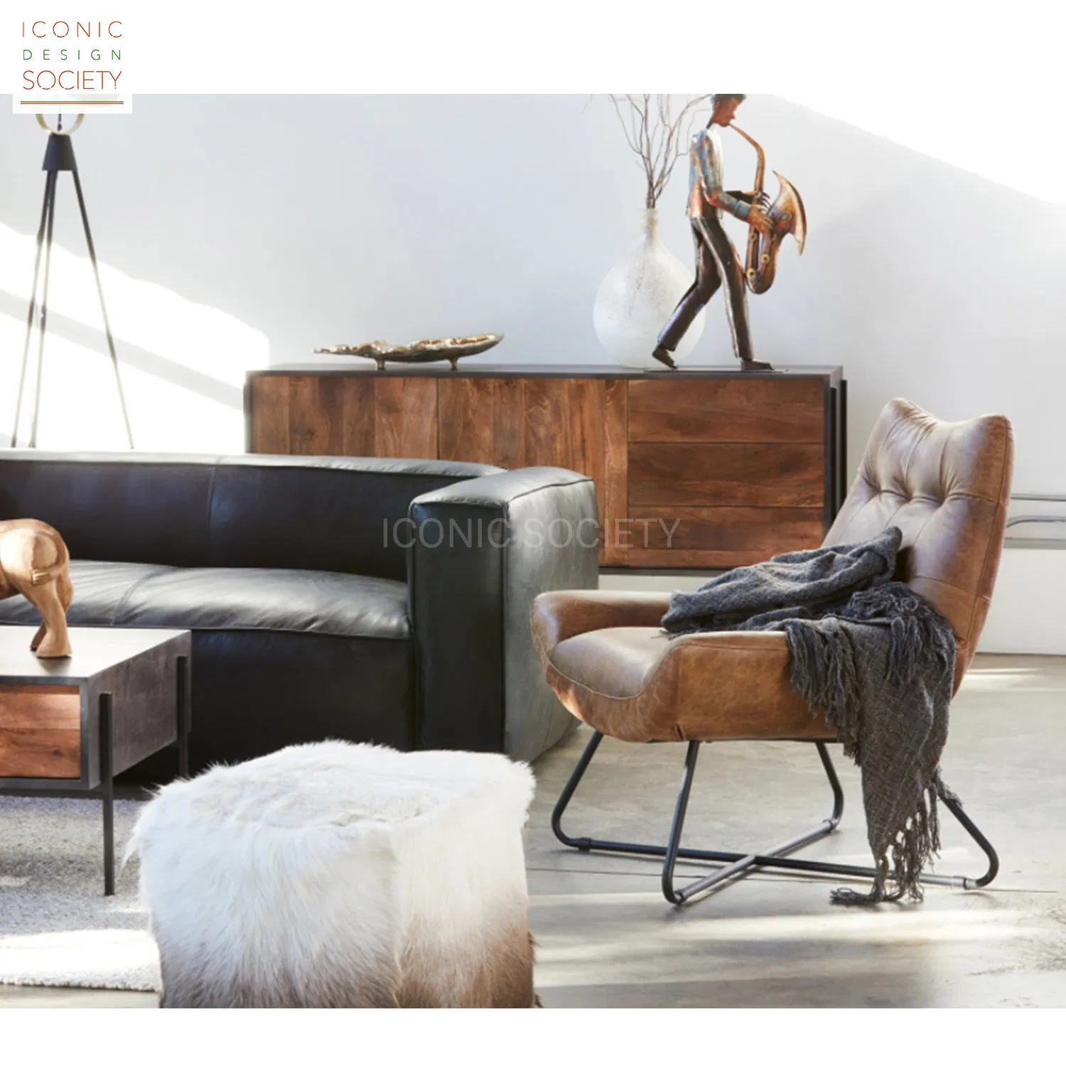 Modern Industrial Hotel Office Living Room Furniture Leisure Metal Steel Lounge Real Leather Accent Arm Chair