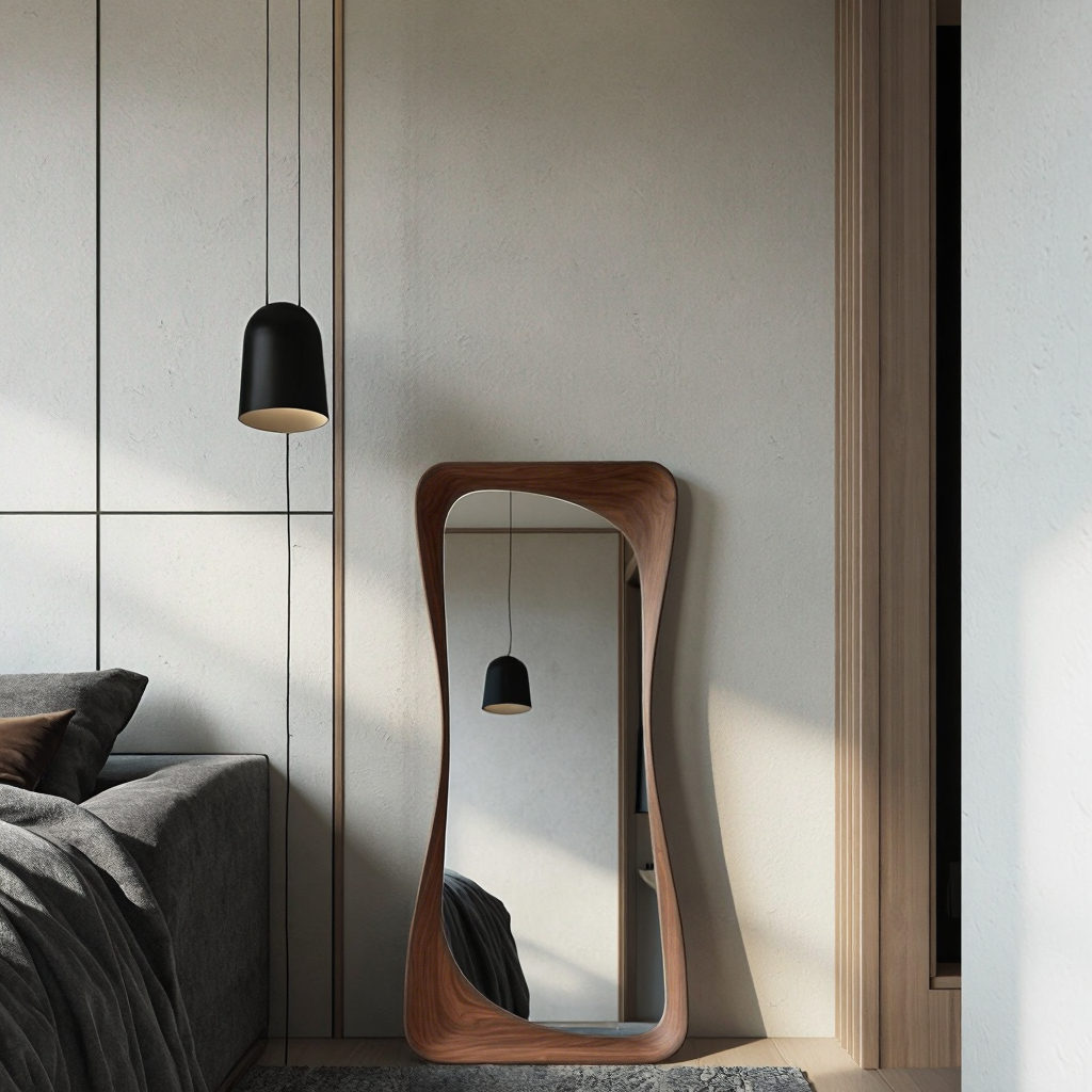 Irregular Shaped Full Length Mirror With Curved Walnut Wood Frame Organic Body Mirror Modern Japandi Living Room Factory Direct