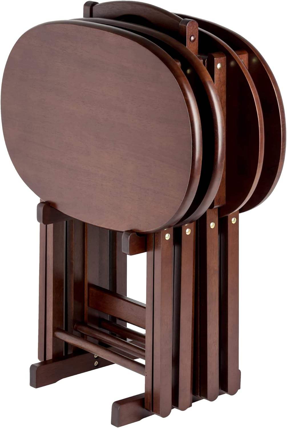 Cappuccino Snack Table Set with Stand 26 Folding Tables for Living Room Use Compact Storage Set of 4 Tables Included