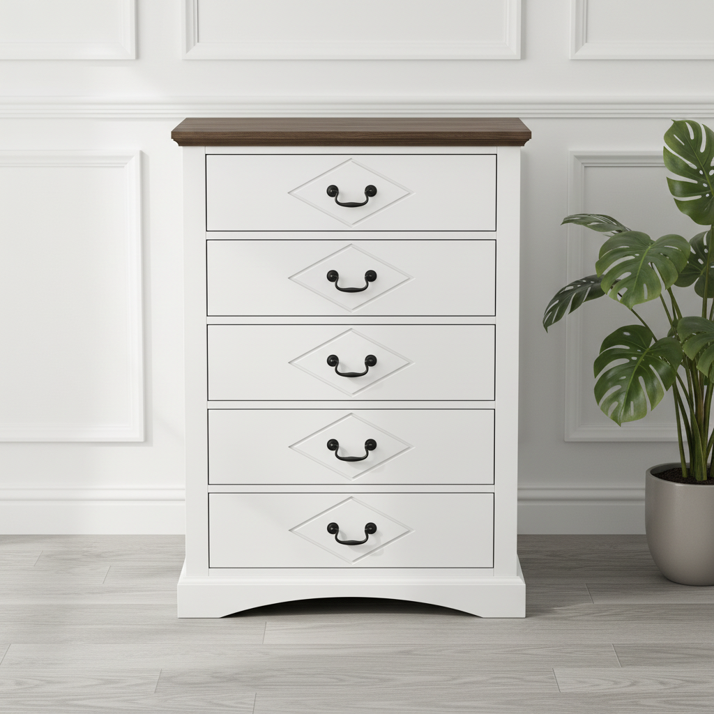 Modern Farmhouse White 5 Drawer Dresser Wooden Surface Vertical Chest of Drawers Tall Bedroom Storage Cabinet Clothes Organizer