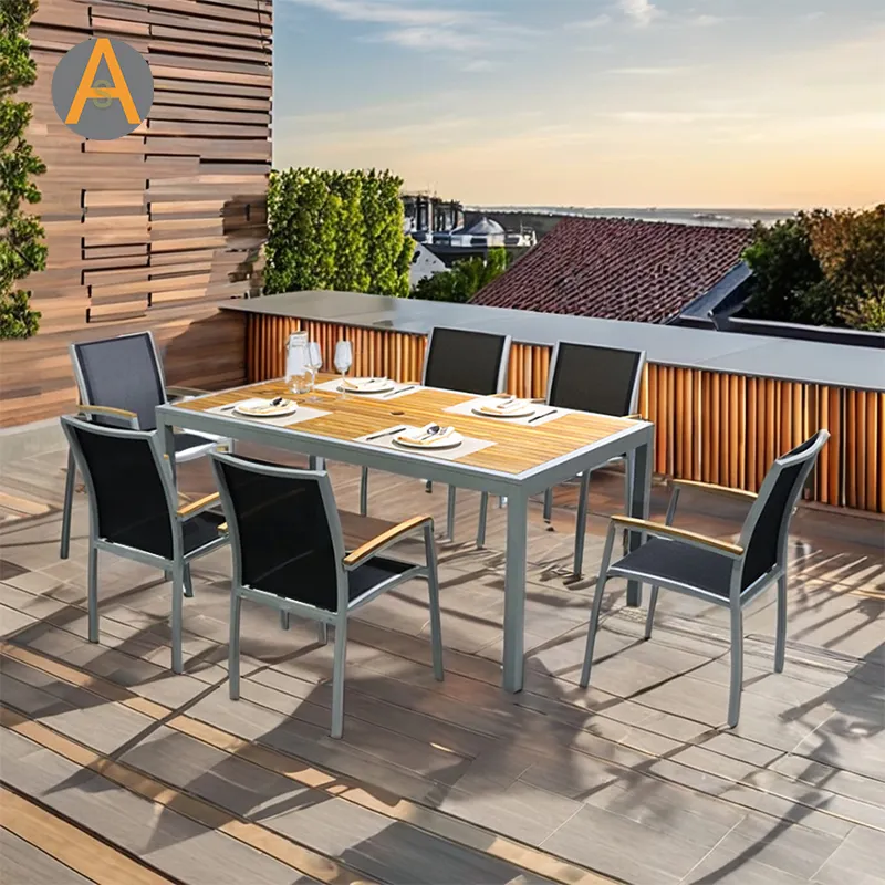 High Quality Extendable Dining Set with Teak Wooden Table Top Aluminum Home Outdoor Furniture for Garden Living