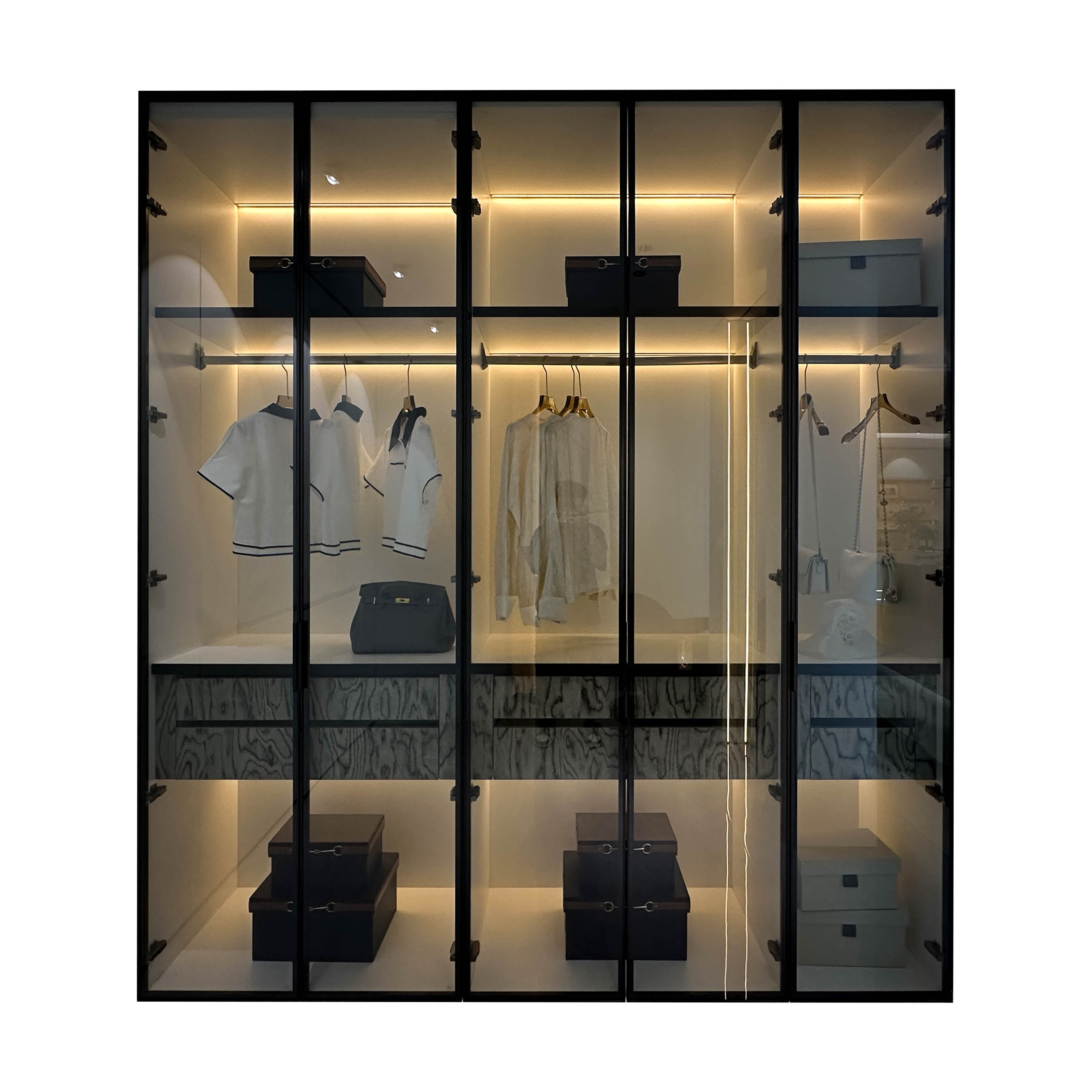 Bedroom Modern Design Glass Door Wardrobe With LED Lighting Bedroom Cabinet MDF/Plywood Closet Minimalist Style Cloth Wardrobe