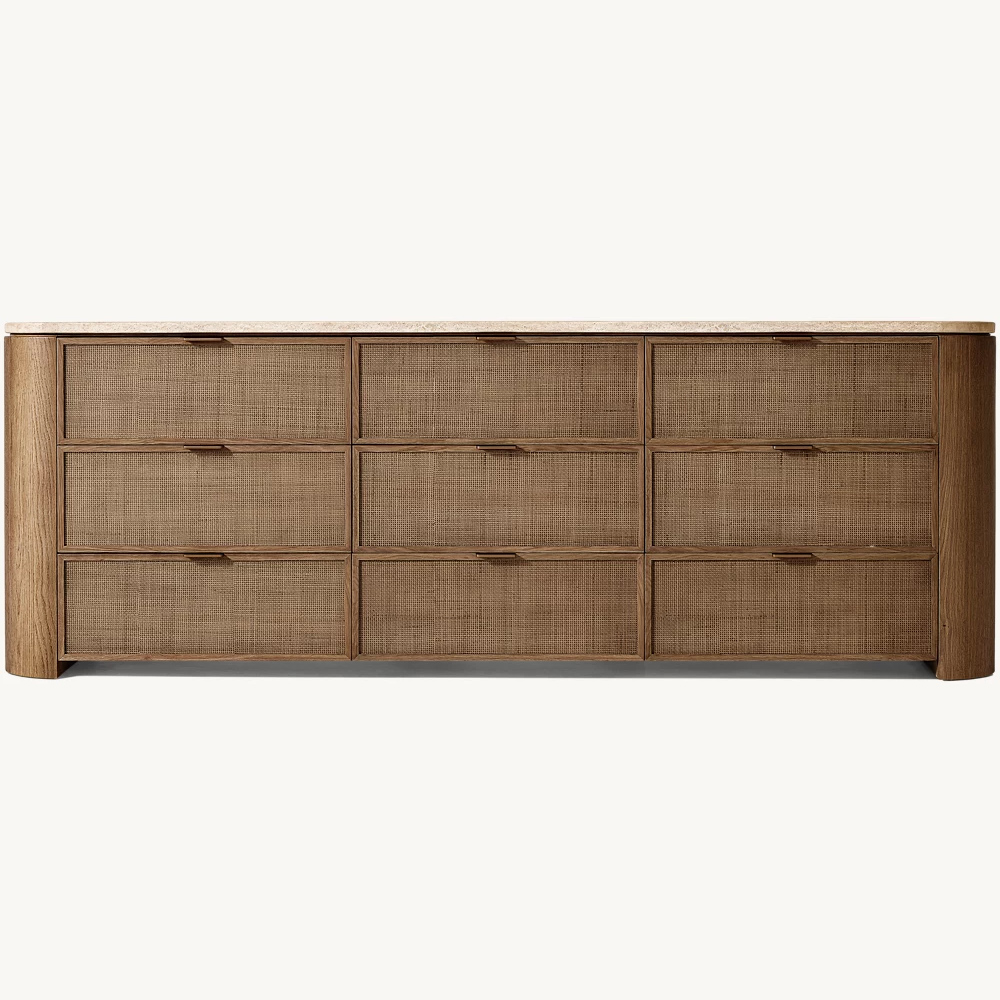 Wood Rattan 9 Drawers Dresser Modern Chest of Drawers Storage Dressers Organizer for Bedroom
