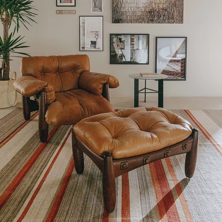 Lounge Chair Brown Chair Leather Reclining Single Sofa Chair Living Room Wooden Armchair
