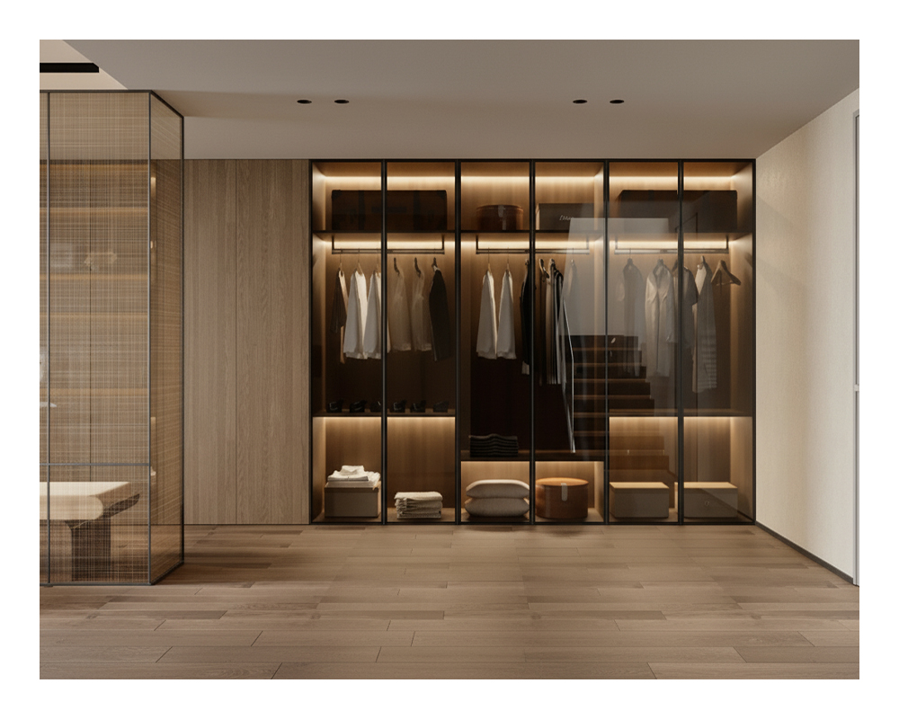 Modern Walnut Wood Walk-in Closet System Glass Door LED Lighting Bedroom Wardrobe
