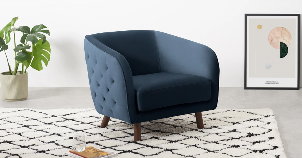 Foshan Living Room Chair Supplier Fabric Velvet Armchair Modern Wood Frame Tufted Blue Accent Chair Furniture
