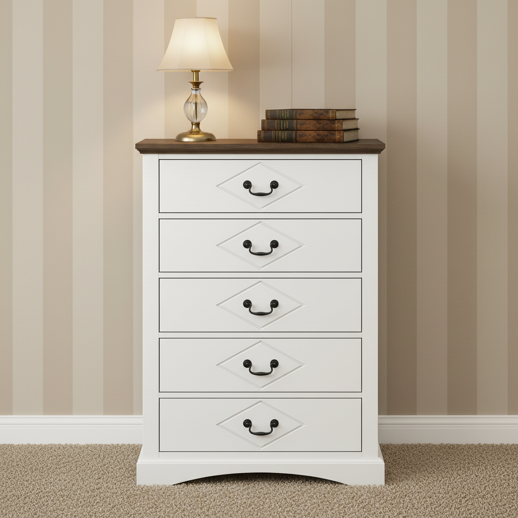 Modern Farmhouse White 5 Drawer Dresser Wooden Surface Vertical Chest of Drawers Tall Bedroom Storage Cabinet Clothes Organizer