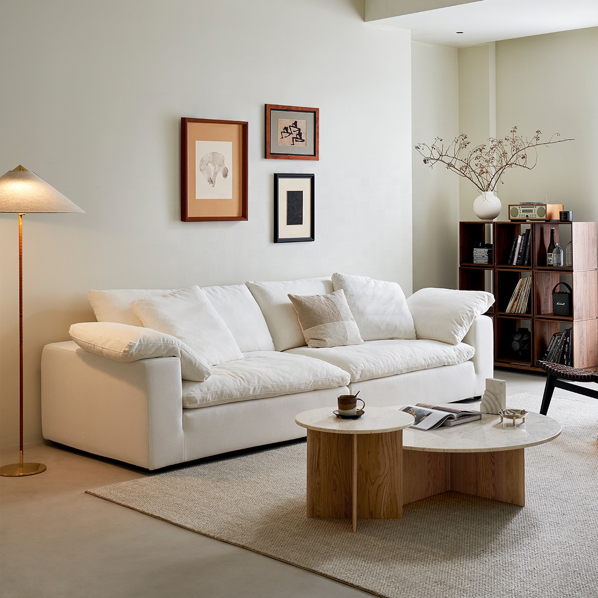 Zayshine Italian Modern Luxury White Linen 3-seater Modular Living Room Set Sofa L-Shape Washable Apartment Villa Cloud Sofa