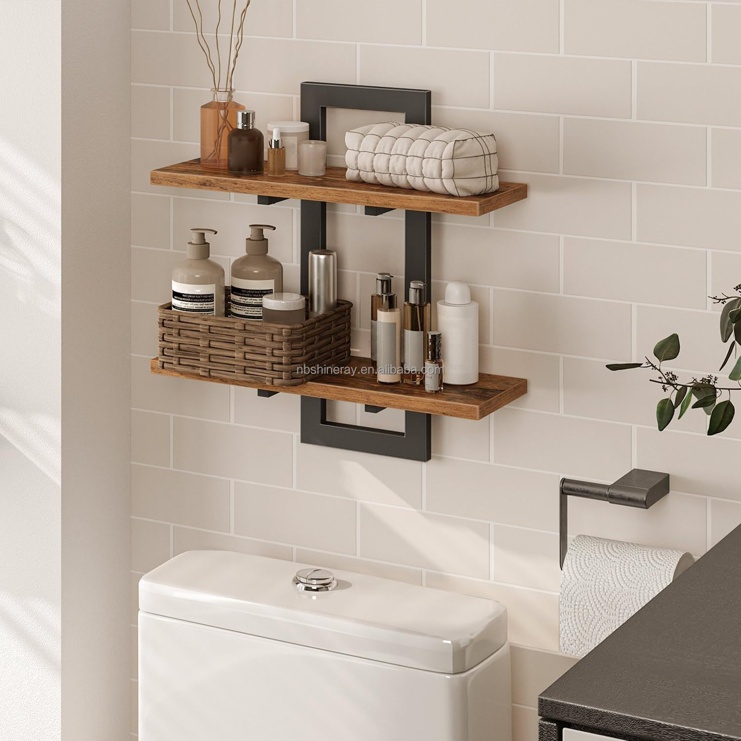 15-Tier Steel Wood-Coated Floating Bathroom Shelf for Bedroom Wall Storage
