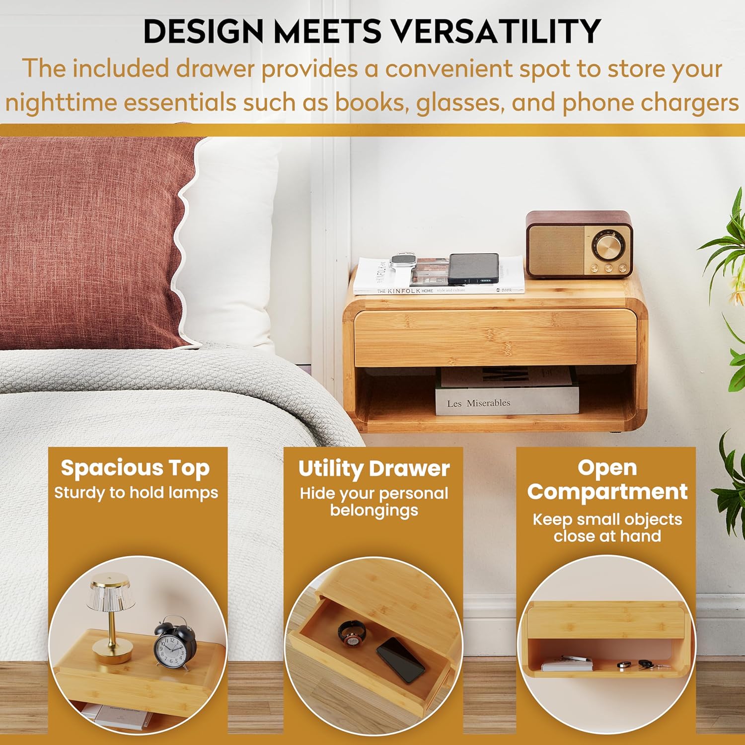 Combohome Bamboo Floating Nightstand With Drawer &amp; Open Shelf - Fully Assembled Wall Mounted Bedside Table With Modern Design