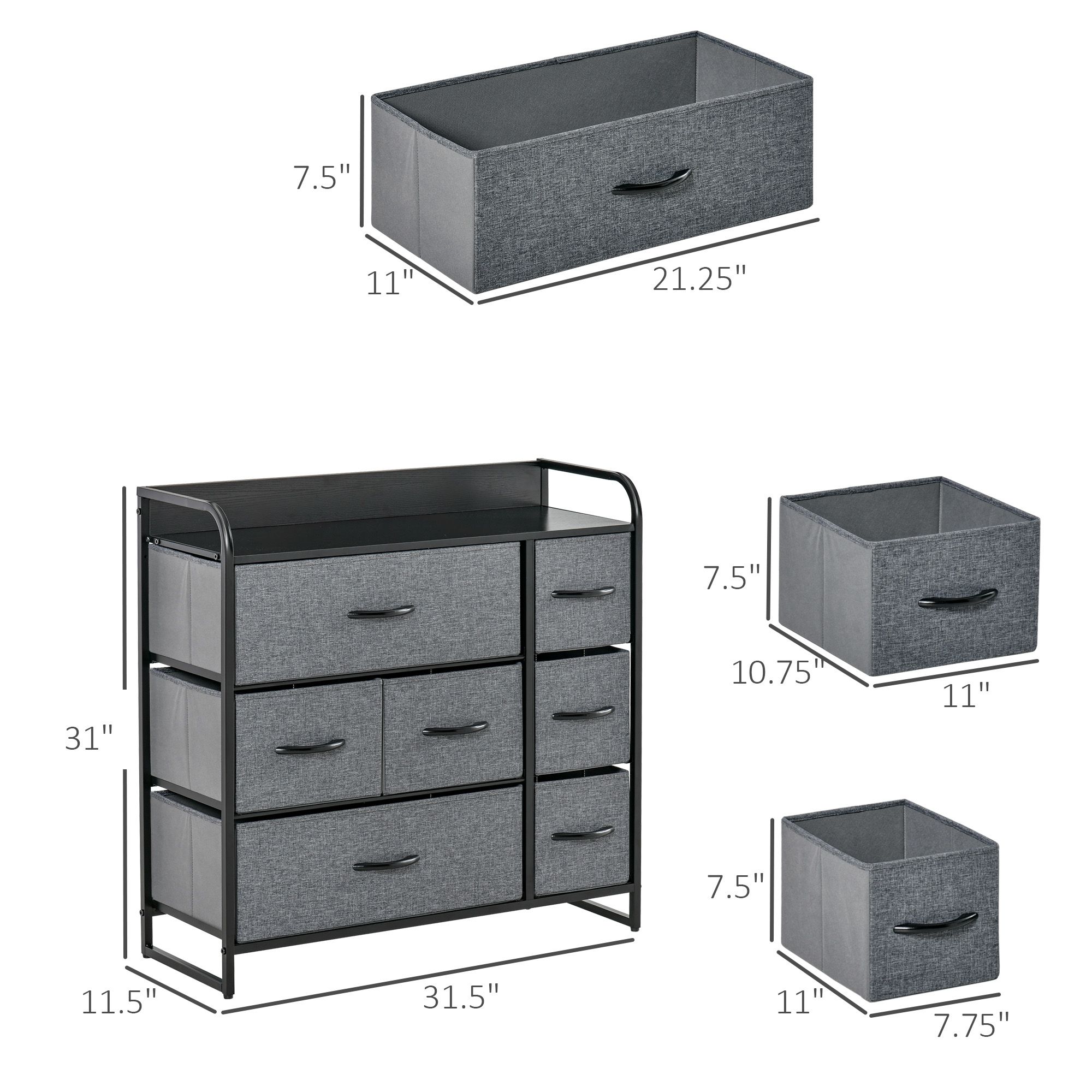 7-Drawer Gray Dresser with Steel Frame &amp; Wooden Top Fabric Chest for Bedroom or Hallway Storage