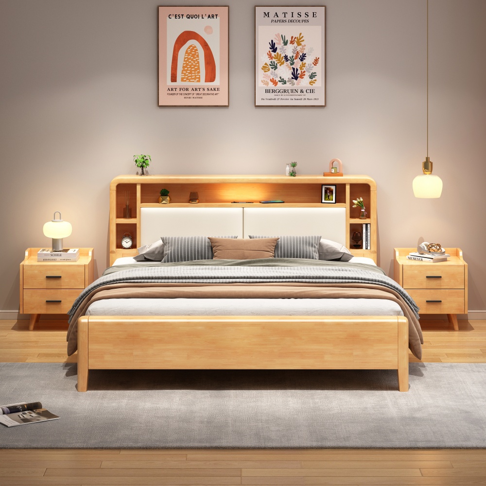 Simple Nordic Style Solid Rubber Wood Eco-Friendly Durable Space Saving Bedroom Furniture Modern Design Full Size Bed Frame
