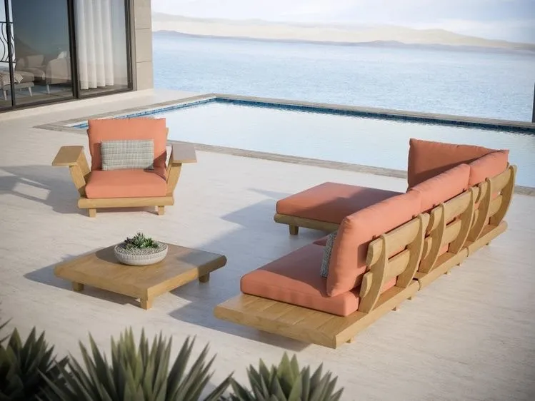 Modern Waterproof Teak Wood Outdoor Furniture Living Room Balcony Garden Patio Hotel Sectional Sofa with Cushions