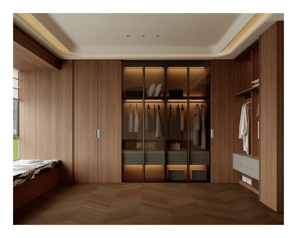 Modern Walnut Wood Walk-in Closet System Glass Door LED Lighting Bedroom Wardrobe