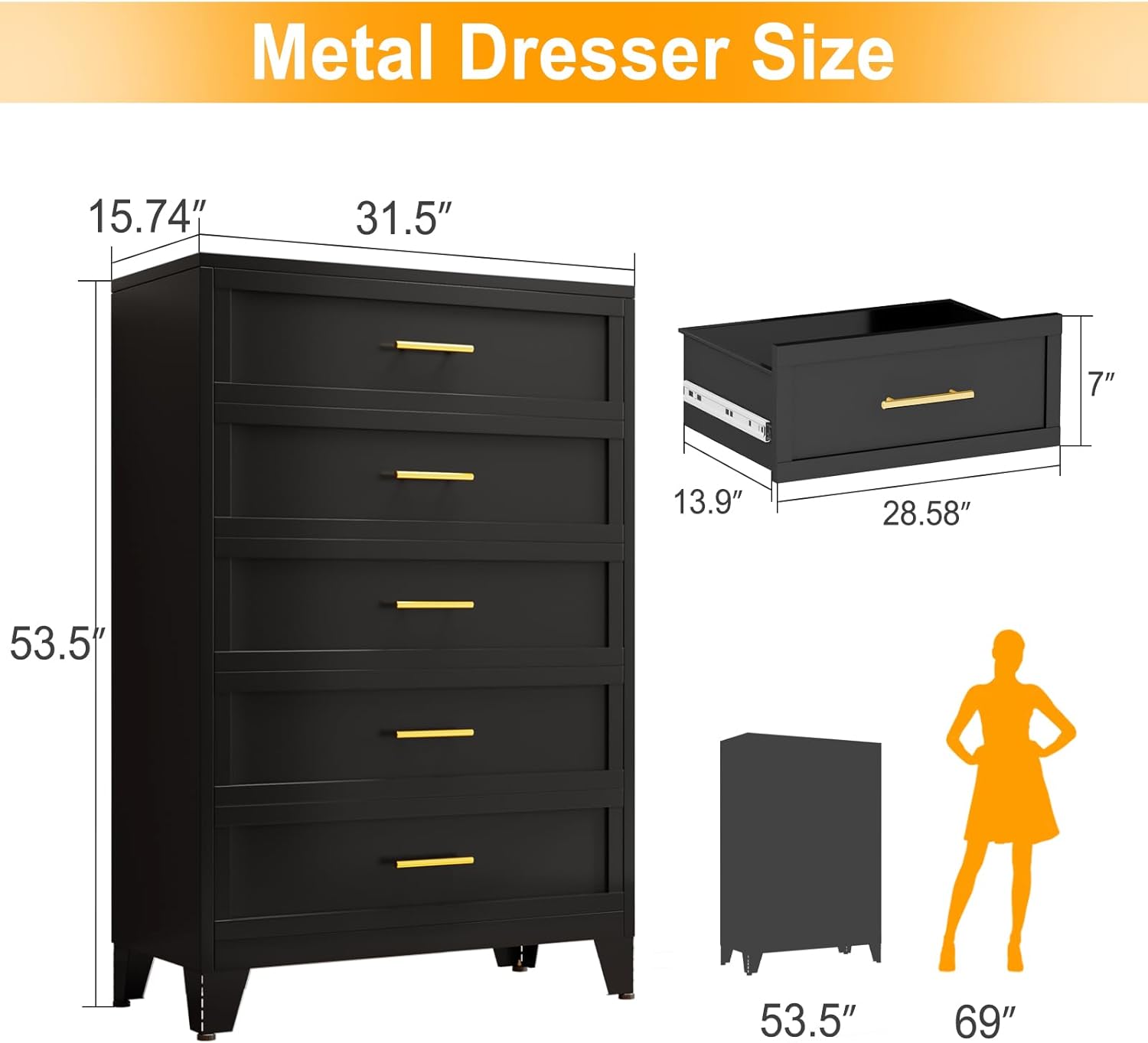 UCHANCE Metal Tall Black Dresser 53.54" H 5-Drawer Chest for Bedroom Living Room &amp; Hallway