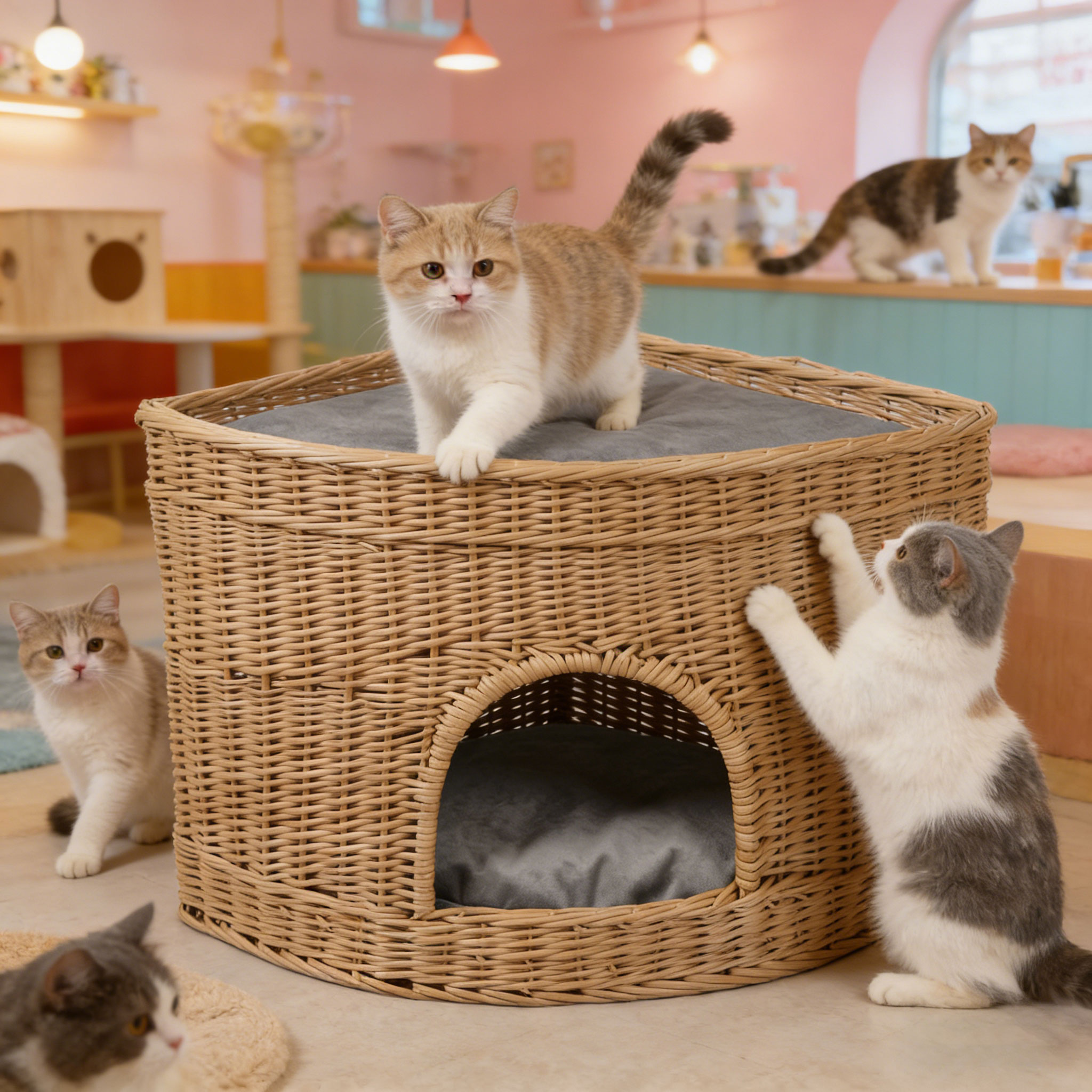 Wholesale Natural Handwoven Rattan Wicker 2-in-1 Multifunctional Pet Dog Cat House Bed Ottoman Side Table Storage Basket