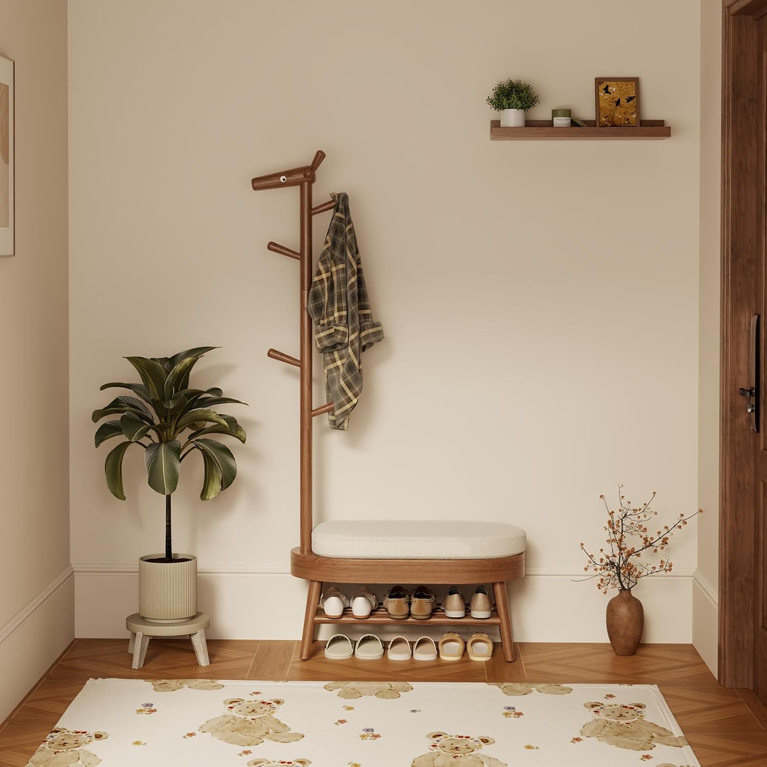 US Stock Modern Wooden Narrow Shoe Bench &amp; Coat Rack with Shoe Storage for Entryway Shoe Bench Entryway Coat Rack XD018