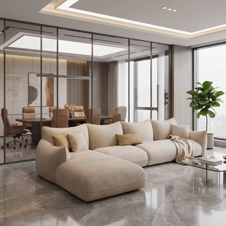 Italian Luxury Minimalist Fabric Velvet Sectional Sofa Oval Shaped Convertible Hotel Lobby Leisure Area Reception Curved Moon