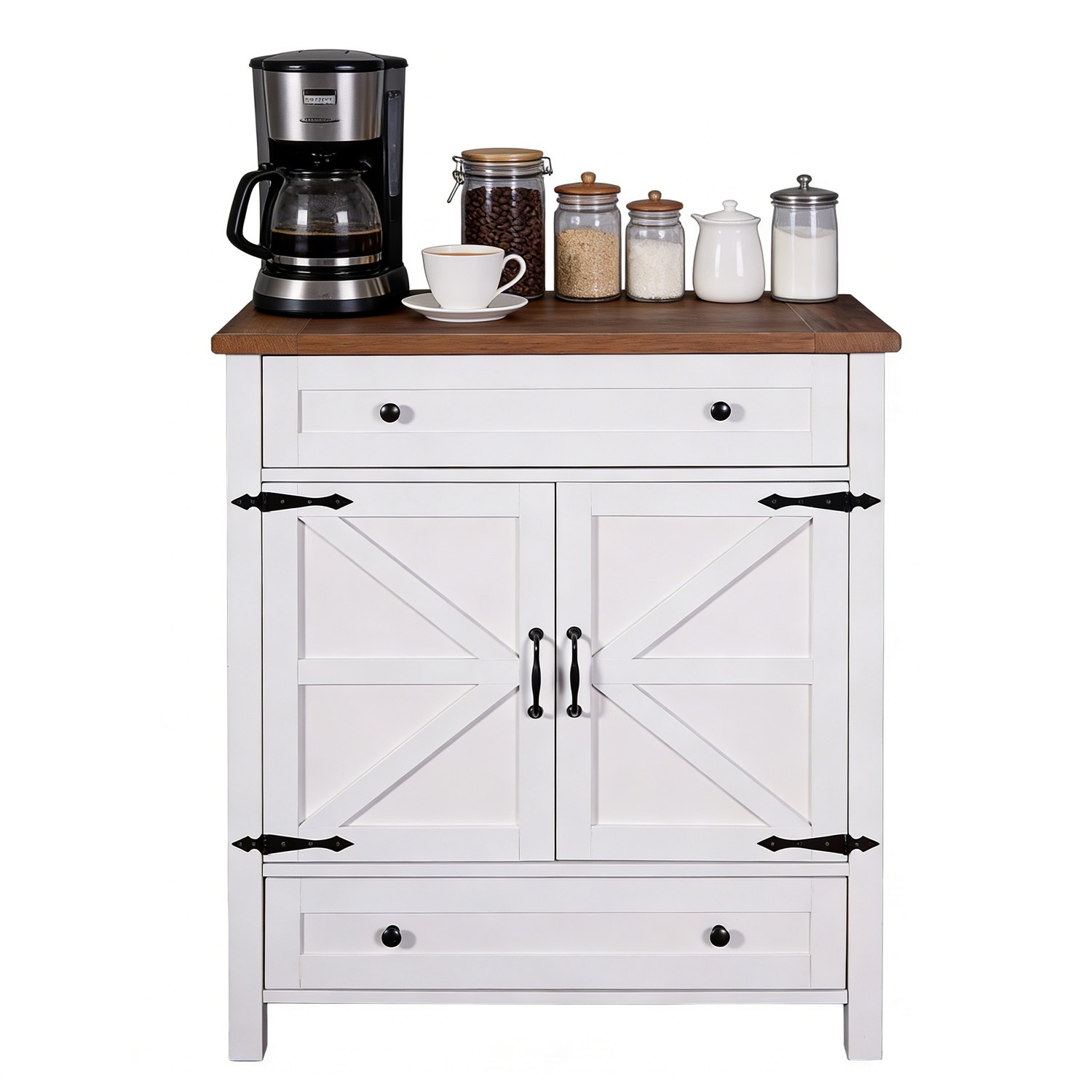 Modern Multifunction Wood Sideboard 2 Doors 2 Drawers White Kitchen Cabinet Barn Door Dining Coffee Bar Buffet Table Storage