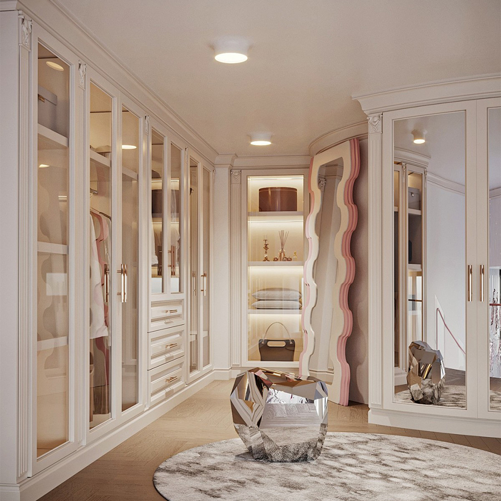 Foshan Manufacturer Modern Luxury White Wardrobes Custom Bedroom Clothes Cabinet Glass Door Wooden Wardrobe Closet For Villa