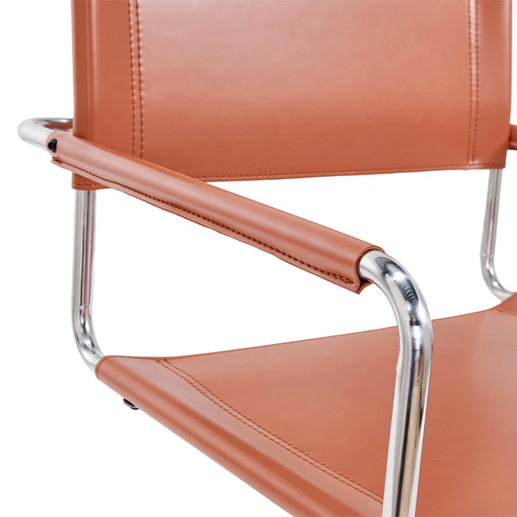 Bauhaus Modern Brown Saddle Leather Stainless Steel Metal Frame Dining Room Chair Restaurant Chair