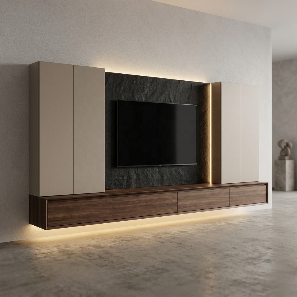 Luxury Floating TV Stand - Walnut Wood Finish With Integrated LED &amp; Modular Minimalist Style