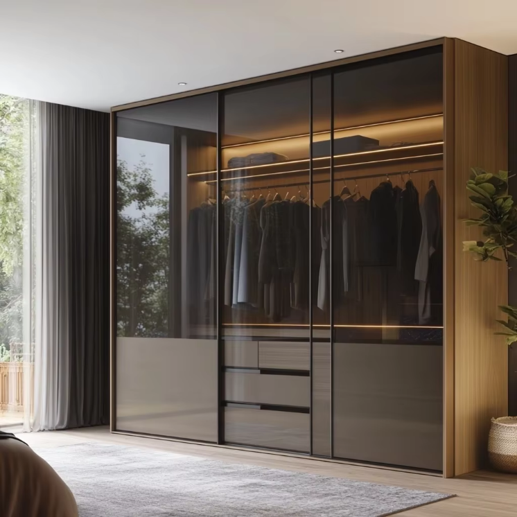 Modern Home Furniture Custom Built-In Closet Sliding Glass Door Wooden Wardrobes for Bedroom Hotel Storage
