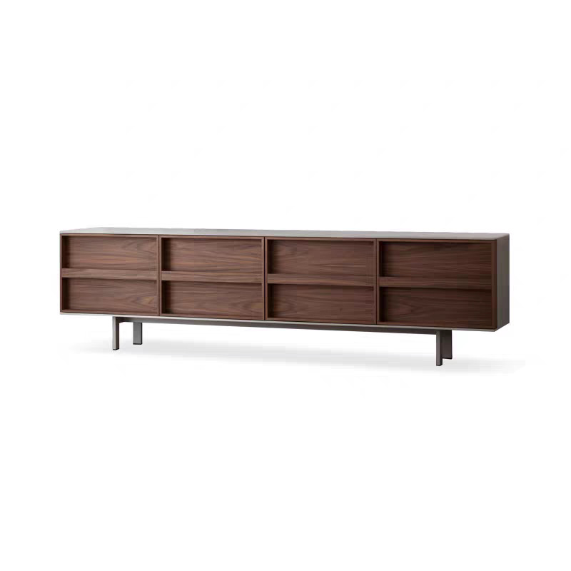 Custom Size Italian Light Luxury Walnut TV Unit Hidden Sliding Drawer Wooden Entertainment Center Cabinet Metal Support Legs