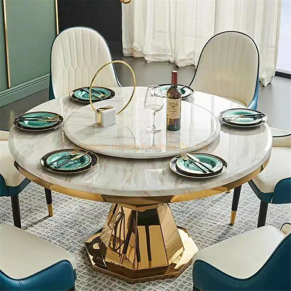 Round Dining Table Living Room Furniture Outdoor Table Marble Top 1+6 Set White Round Stainless Steel Dining Table Set with Leather Chair for Wedding Banquet