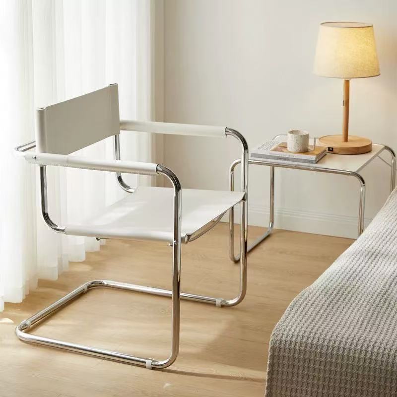 Bauhaus Modern Brown Saddle Leather Stainless Steel Metal Frame Dining Room Chair Restaurant Chair