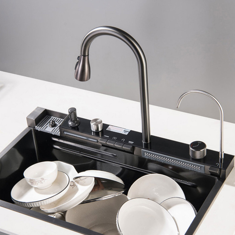 Multifunction Digital Display Waterfall Faucet Single Bowl Modern Luxury Smart Stainless Steel 304 Kitchen Sink