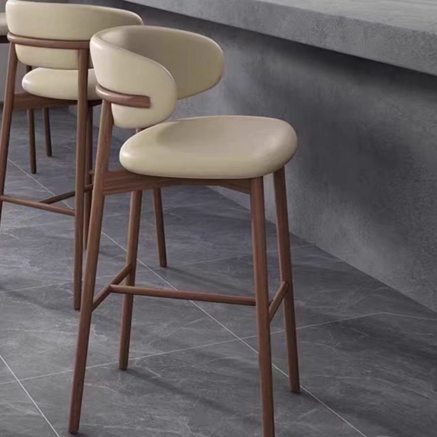 Modern Solid Wood Bar Stool Nordic Italian Style Kitchen Chair Small Dining Chair Backrest Hotel Restaurant Casual High Stool