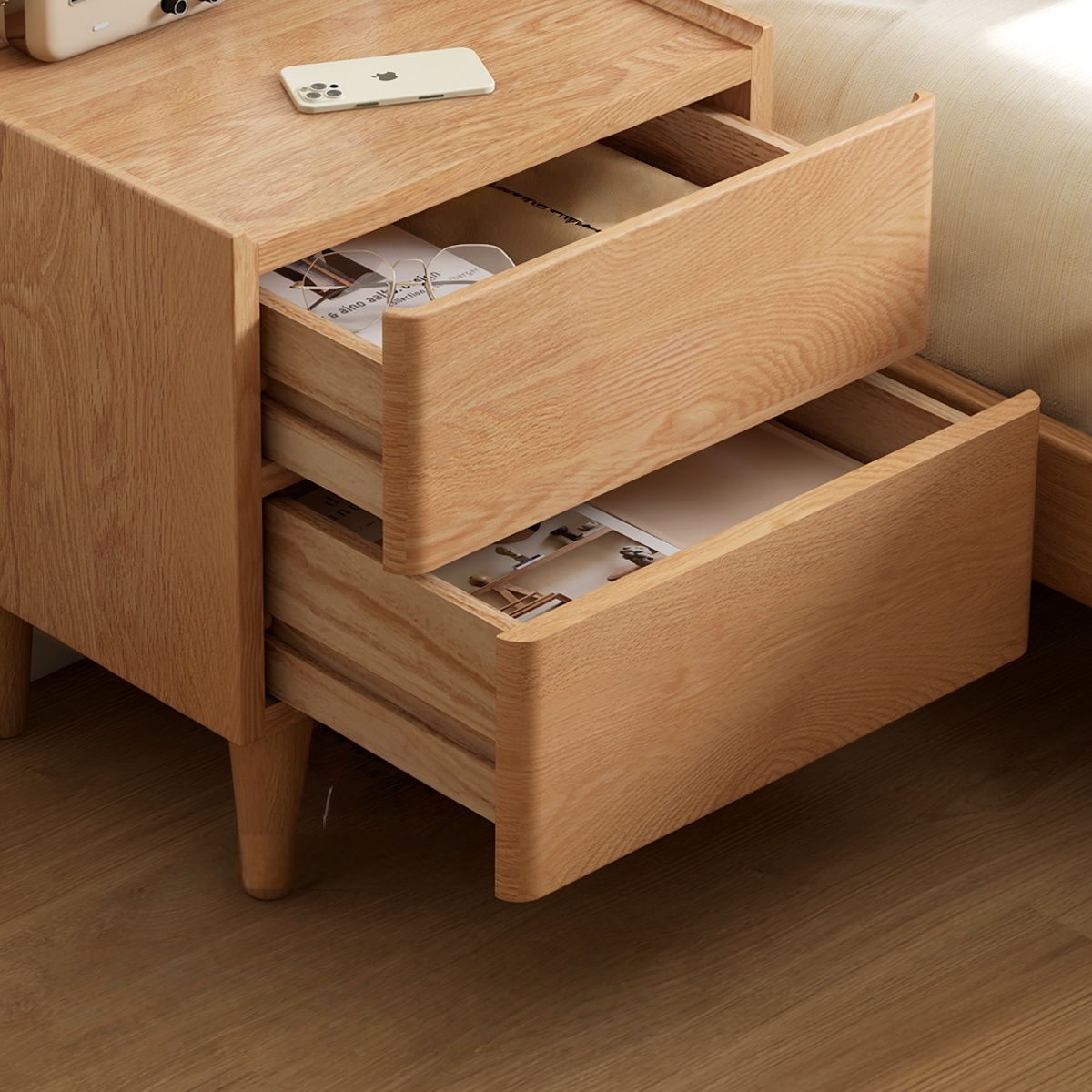 Luxury Solid Oak Night Stand With 2 Drawers Modern Design For Bedroom Living Room &amp; Hotel Use